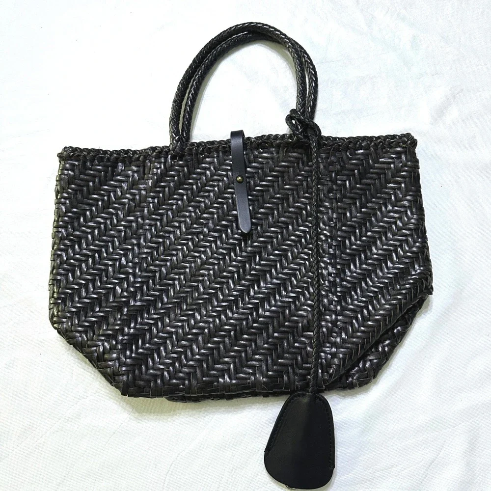 Handcrafted Woven Leather Tote Bag Dark Brown Braided Handles Market Basket Boho